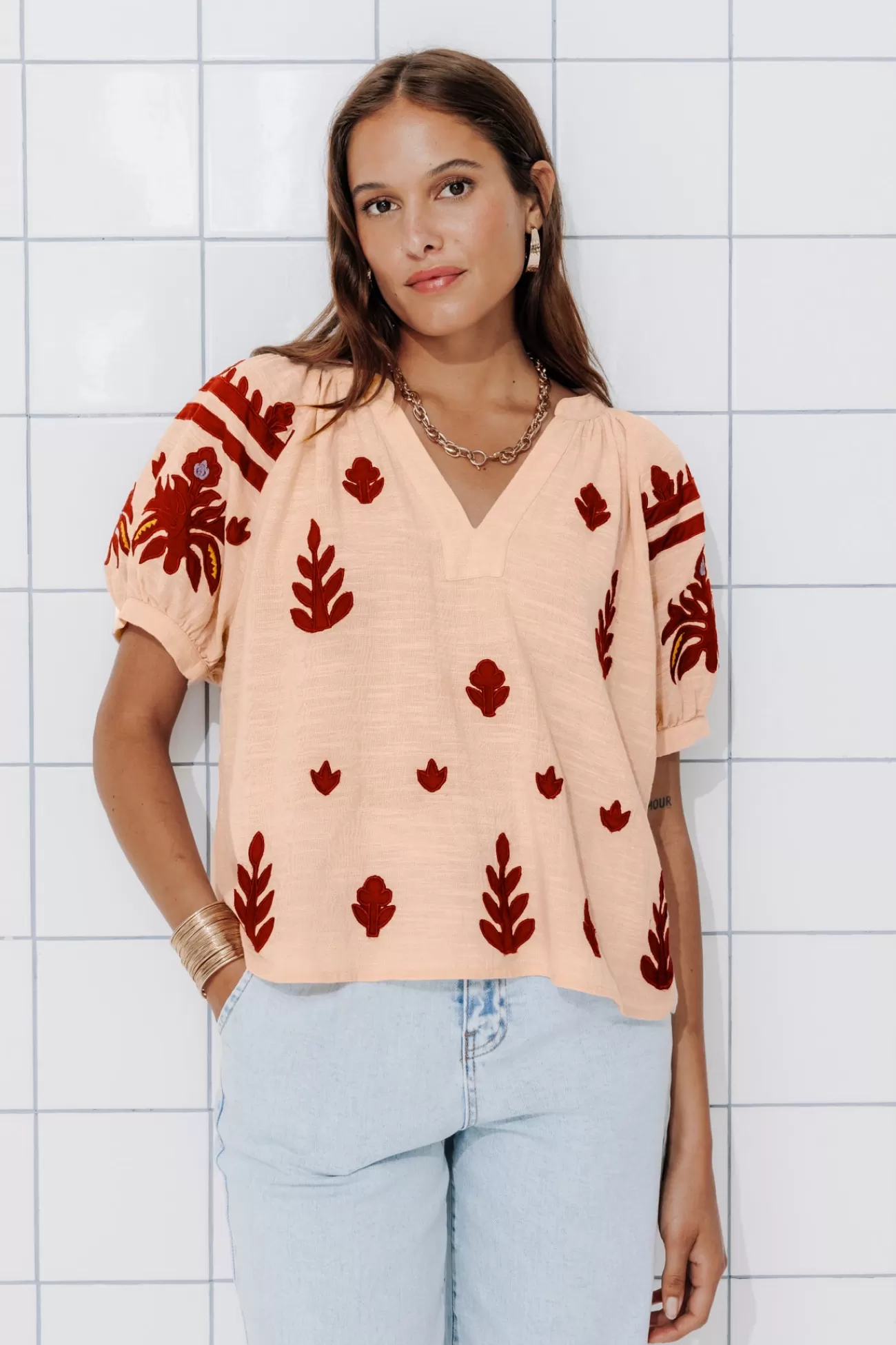 Blouse brodée en coton Femme - | Promod Flash Sale