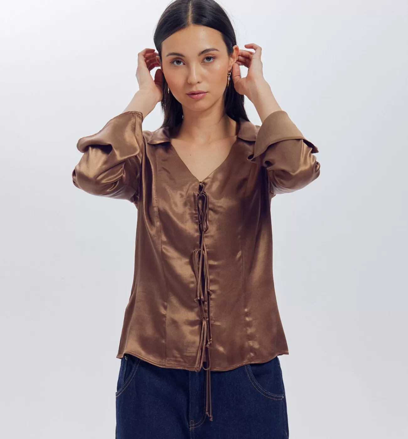 Blouse en satin uni Femme - Marron moyen | Promod Best Sale