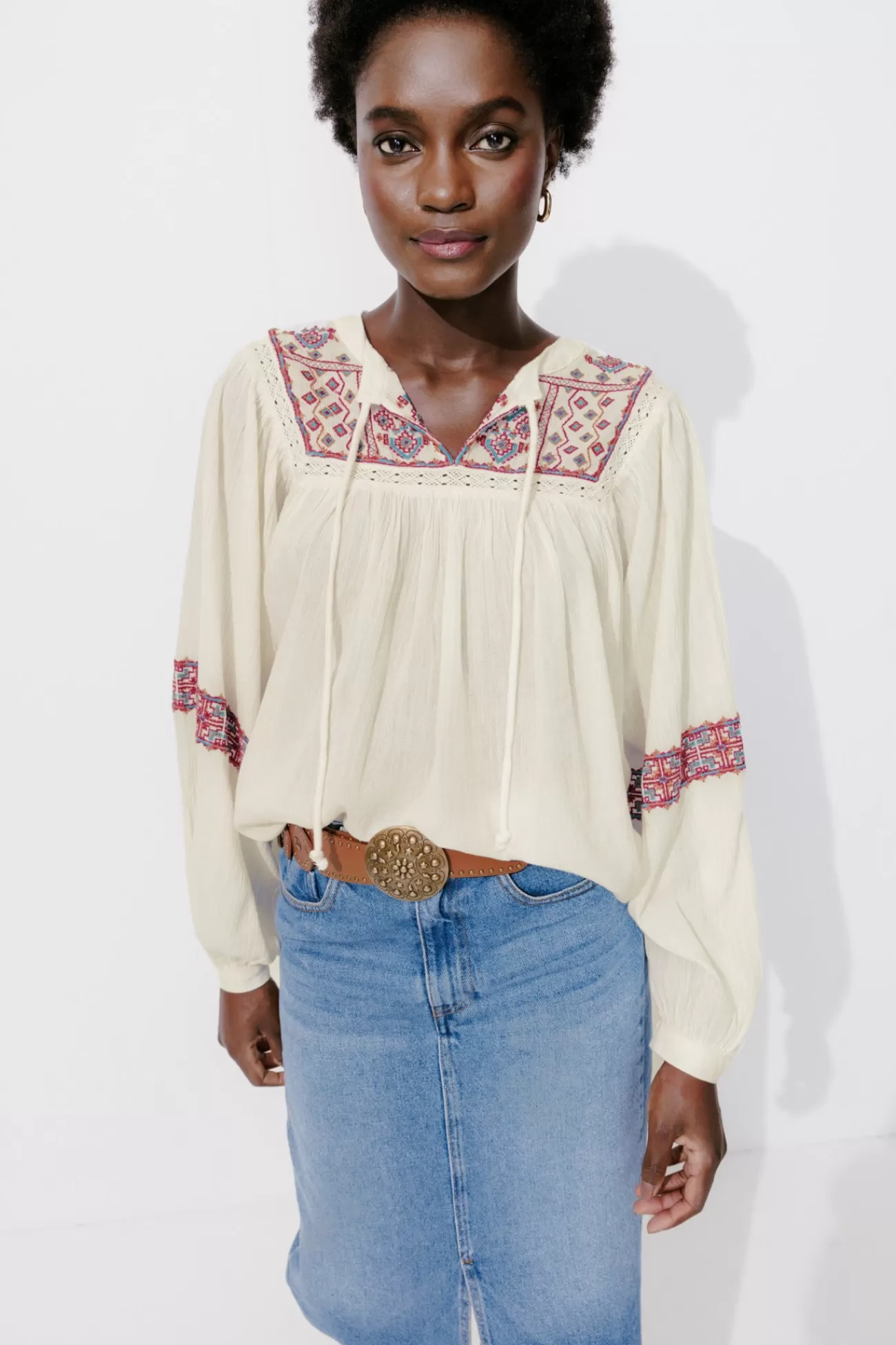 Blouse folk brodée Femme - Imprimé écru | Promod Best Sale