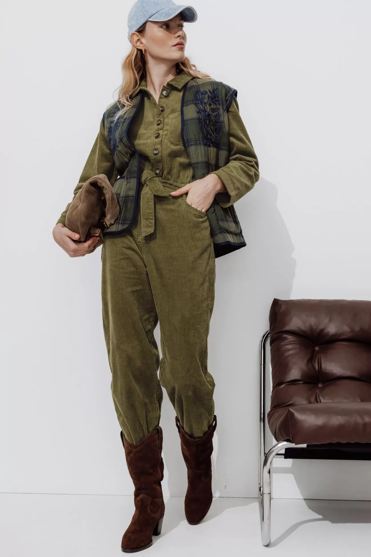 Combi-pantalon en velours - Vert olive | Promod Outlet