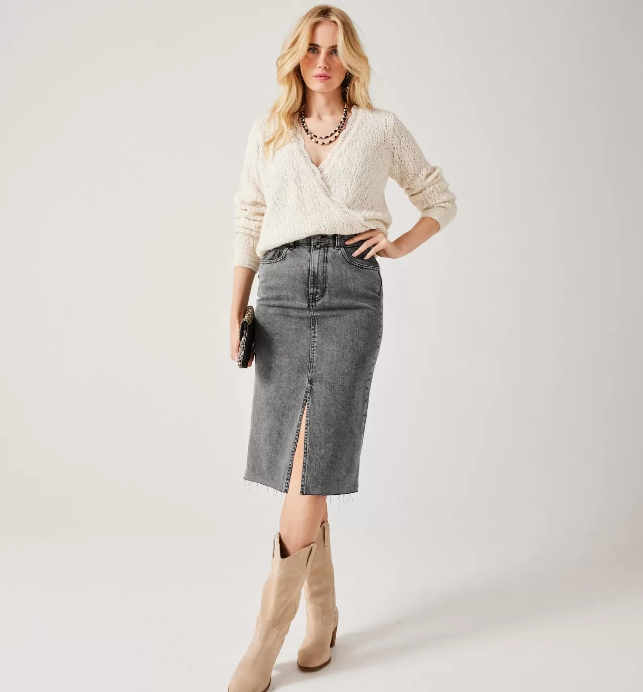 Jupe midi en jean Femme - Jeans gris | Promod Discount