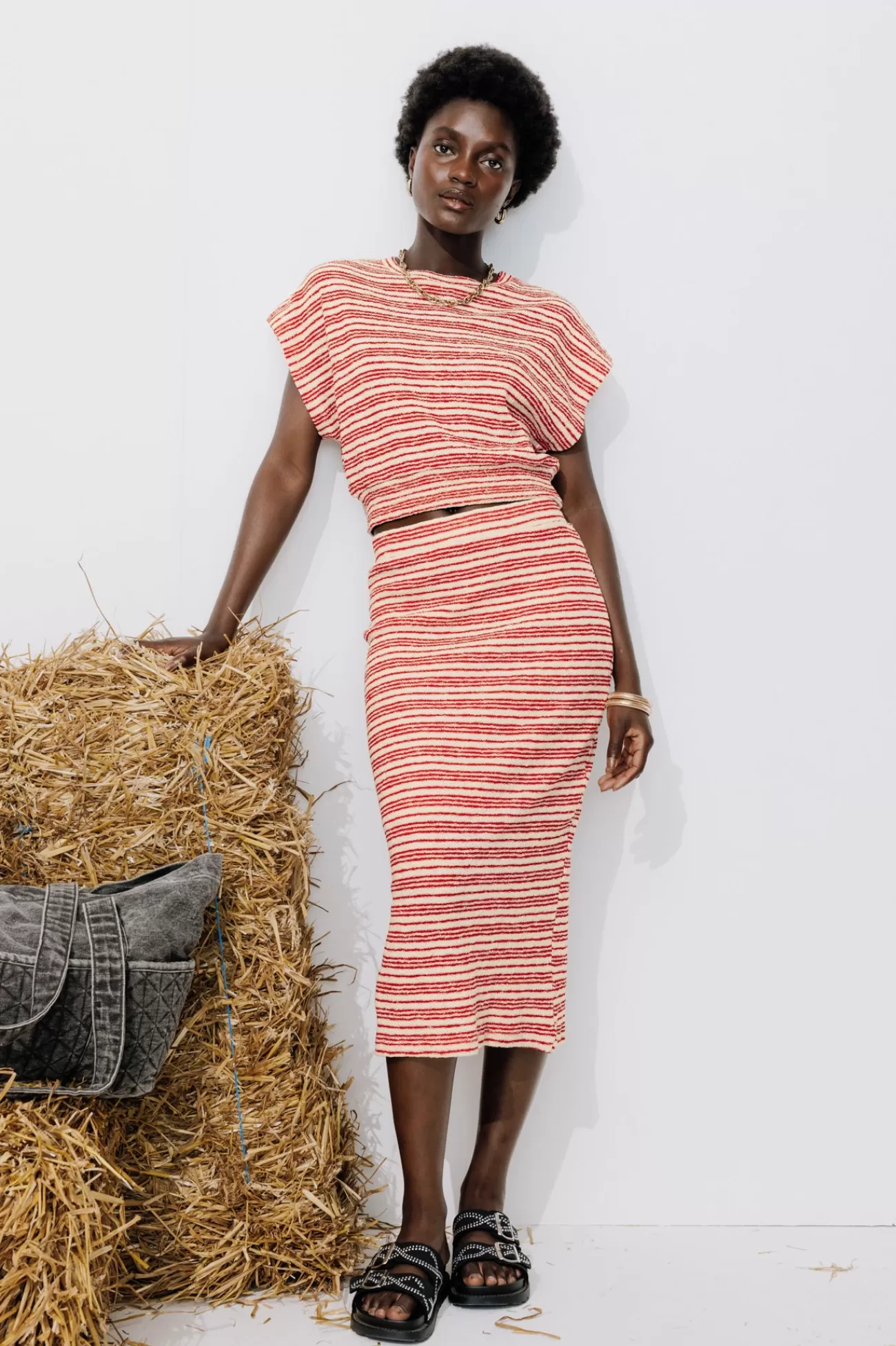 Jupe midi en maille Femme - Rayures multicolores | Promod Sale