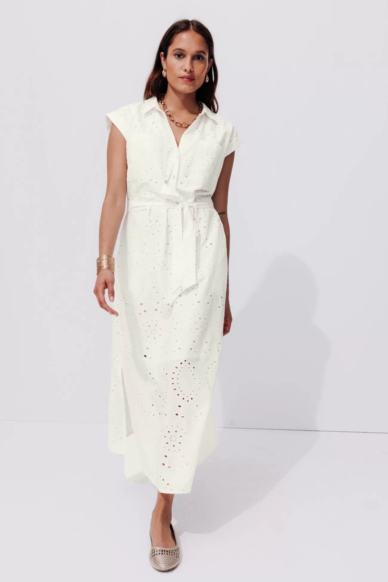 Longue robe broderie anglaise - | Promod Clearance