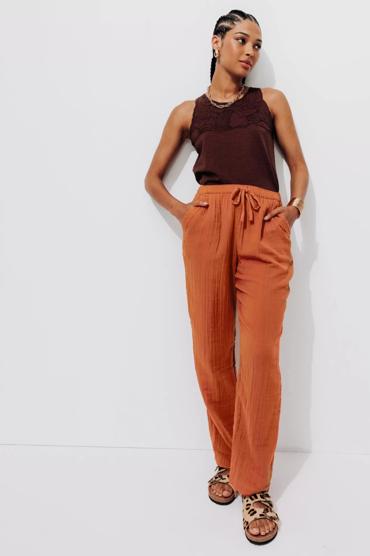 Pantalon en gaze de coton - Terre de sienne | Promod Online