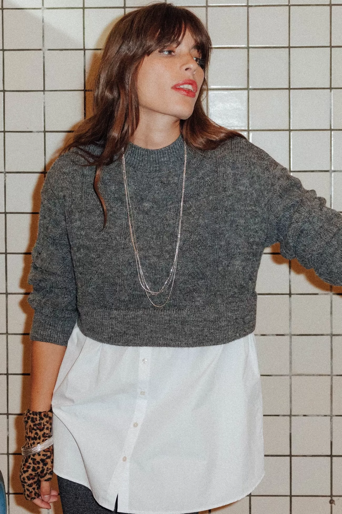 Pull à effet superposé Femme - Gris clair | Promod Flash Sale