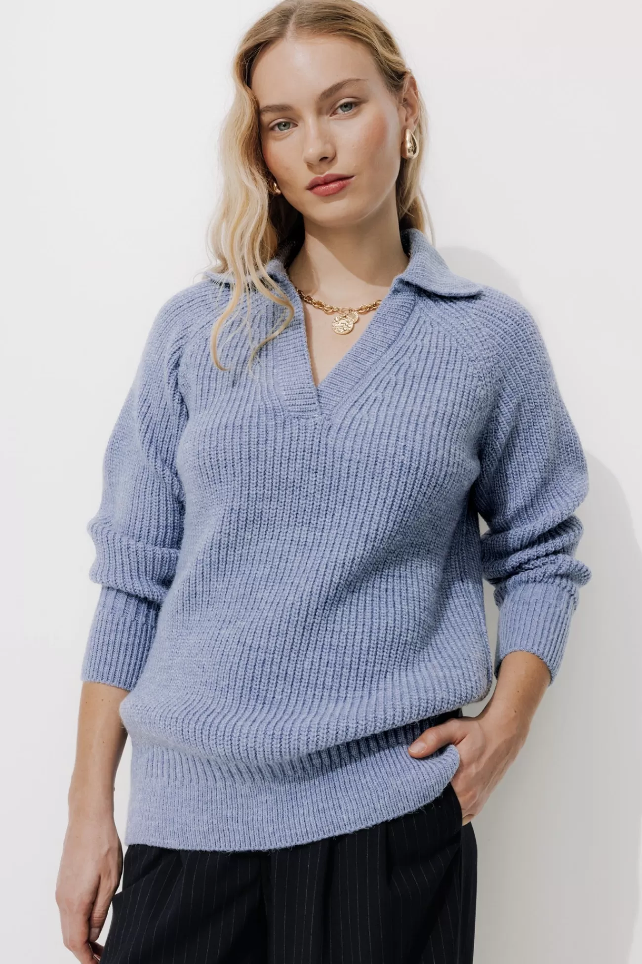 Pull côtelé col vareuse Femme - Carreaux écru | Promod Online