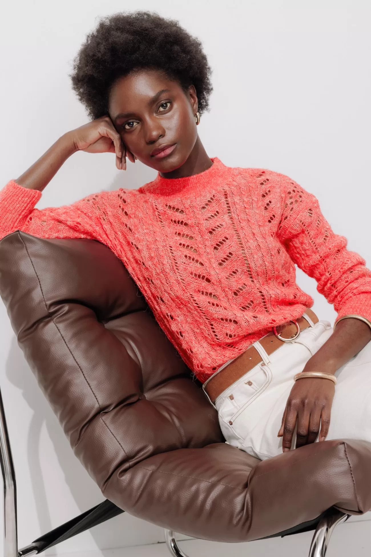 Pull en maille ajourée Femme - Corail clair | Promod Best
