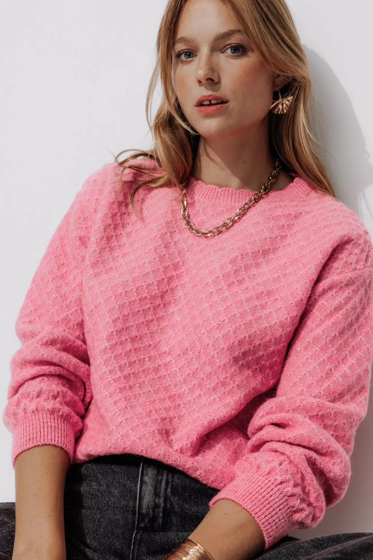 Pull torsadé col rond Femme - Rose fluo | Promod Discount