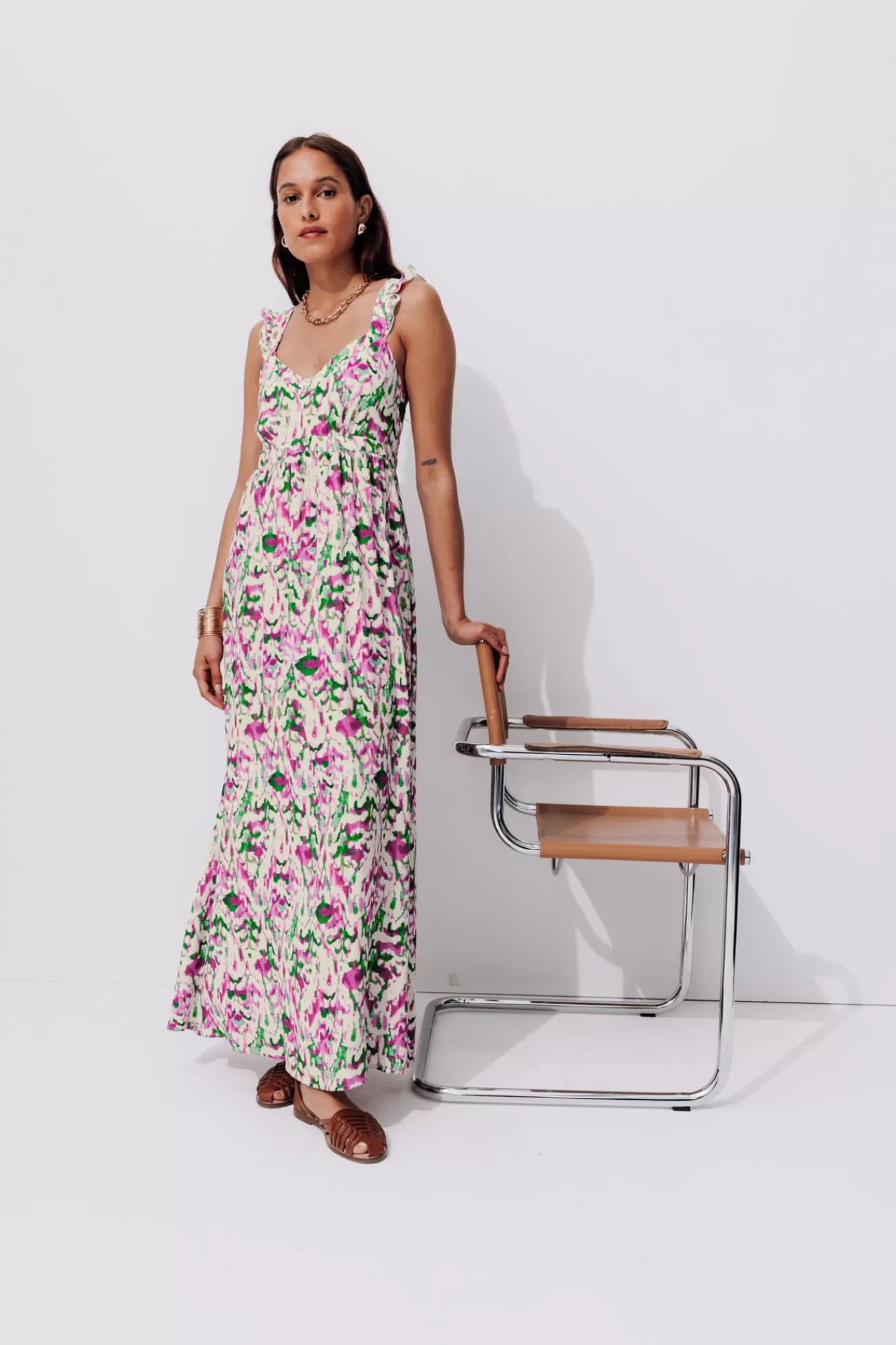 Robe longue à bretelles Femme - Imprimé multicolore | Promod Flash Sale