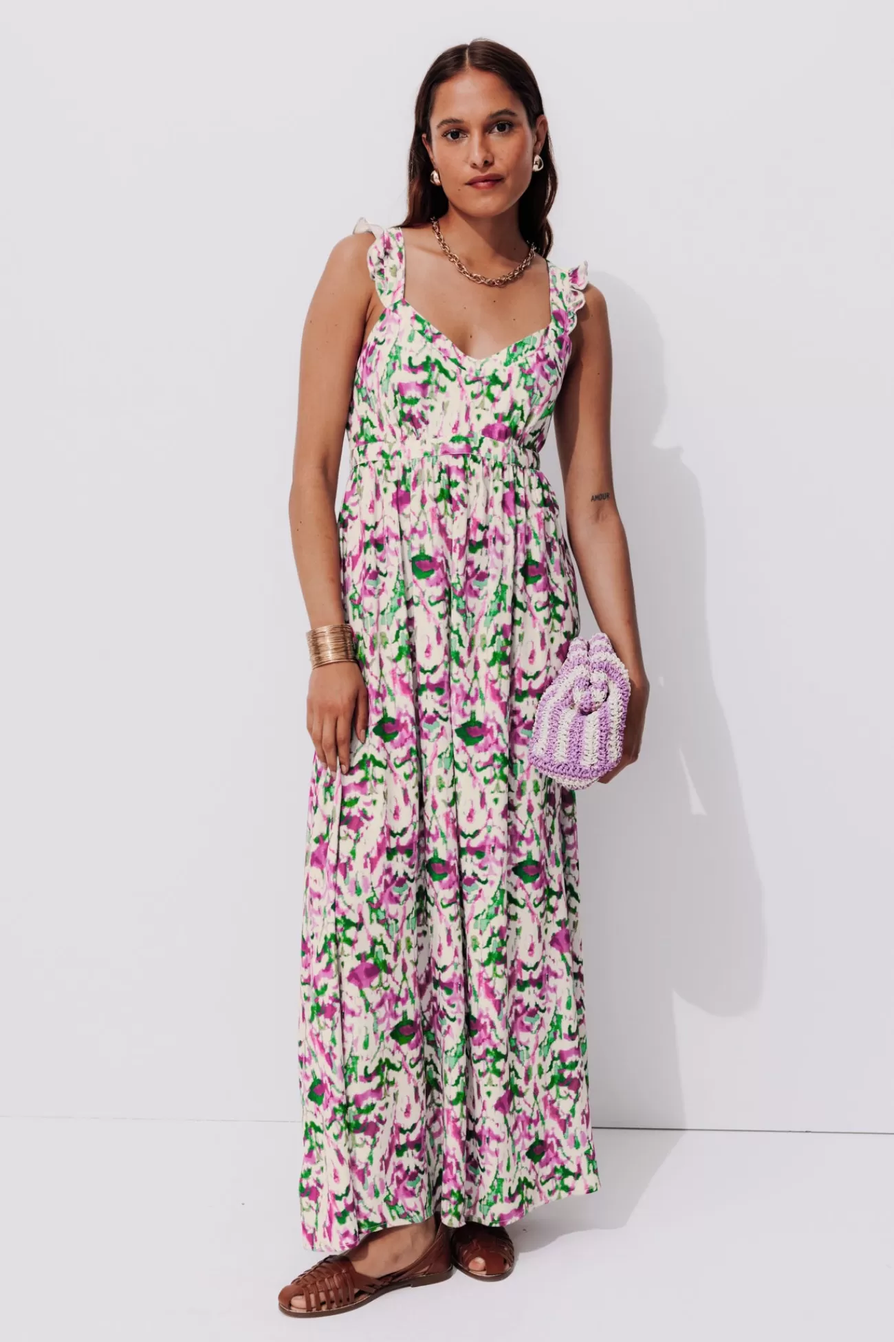 Robe longue à bretelles Femme - Imprimé multicolore | Promod Flash Sale