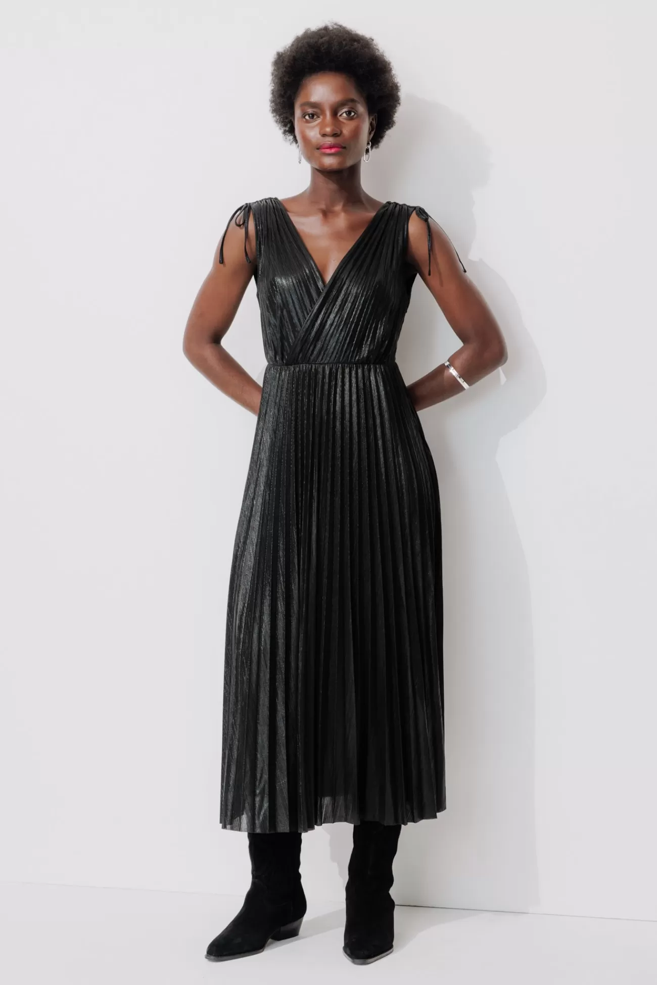 Robe midi lamée plissée Femme - | Promod Store