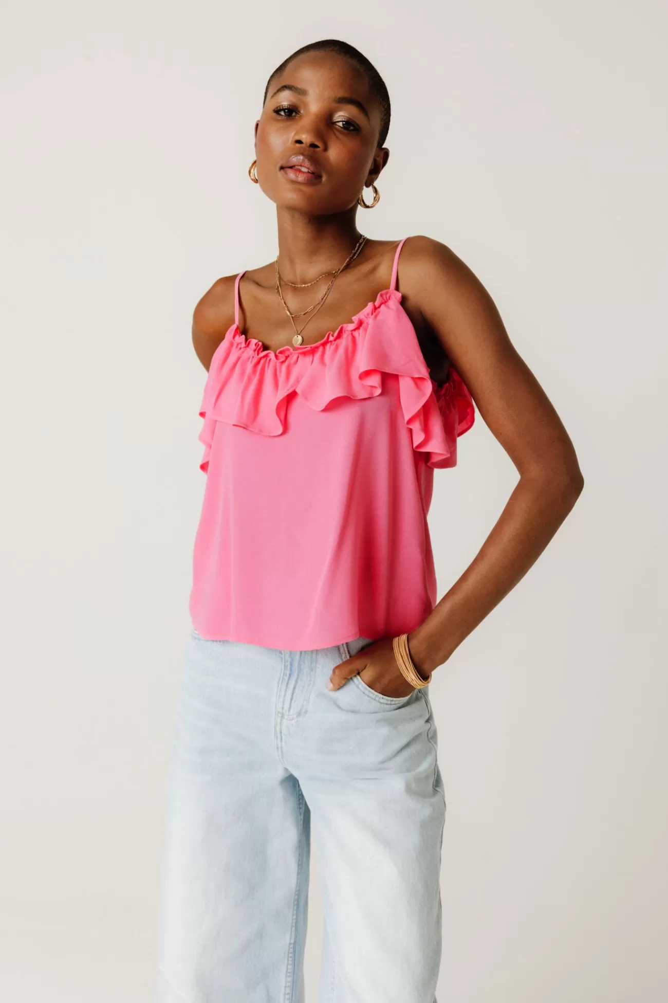 Top volanté à bretelles Femme - Rose fluo | Promod Store