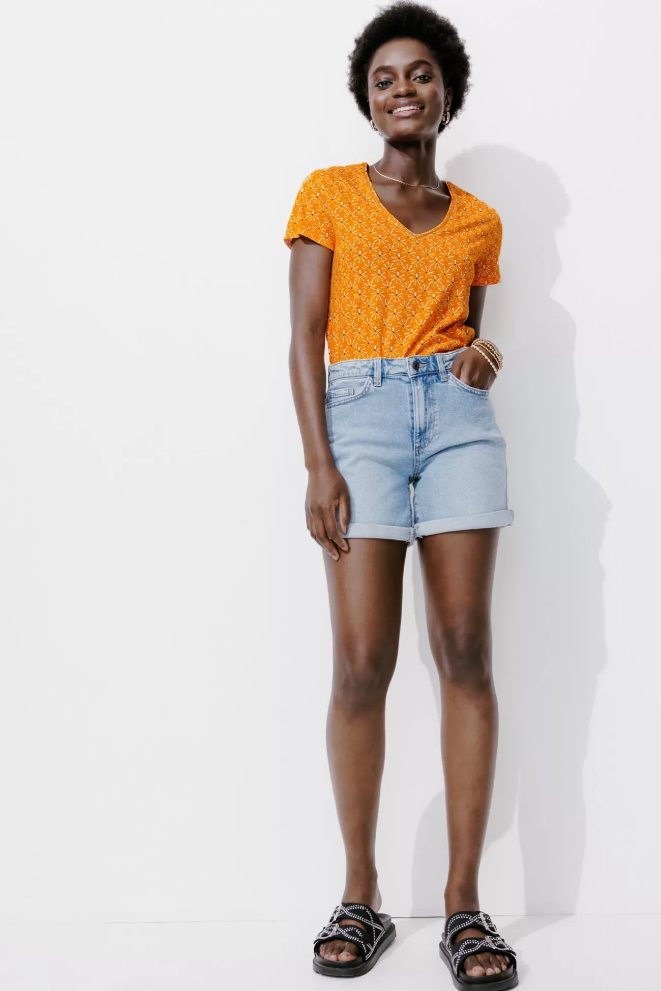 T-shirt col V Femme - Imprimé orange | Promod Fashion