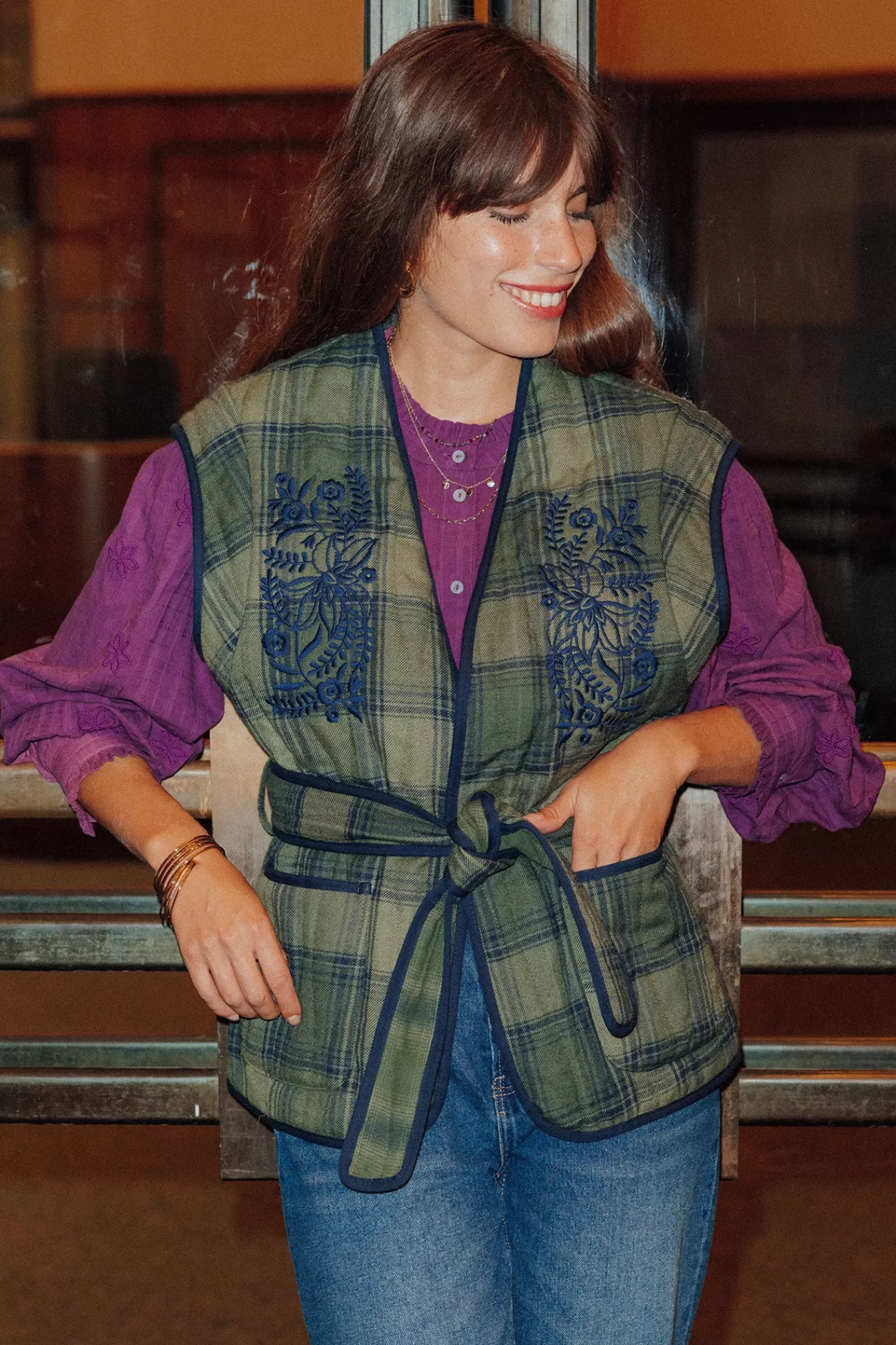 Veste à carreaux sans manches - Carreaux multicolores | Promod Cheap